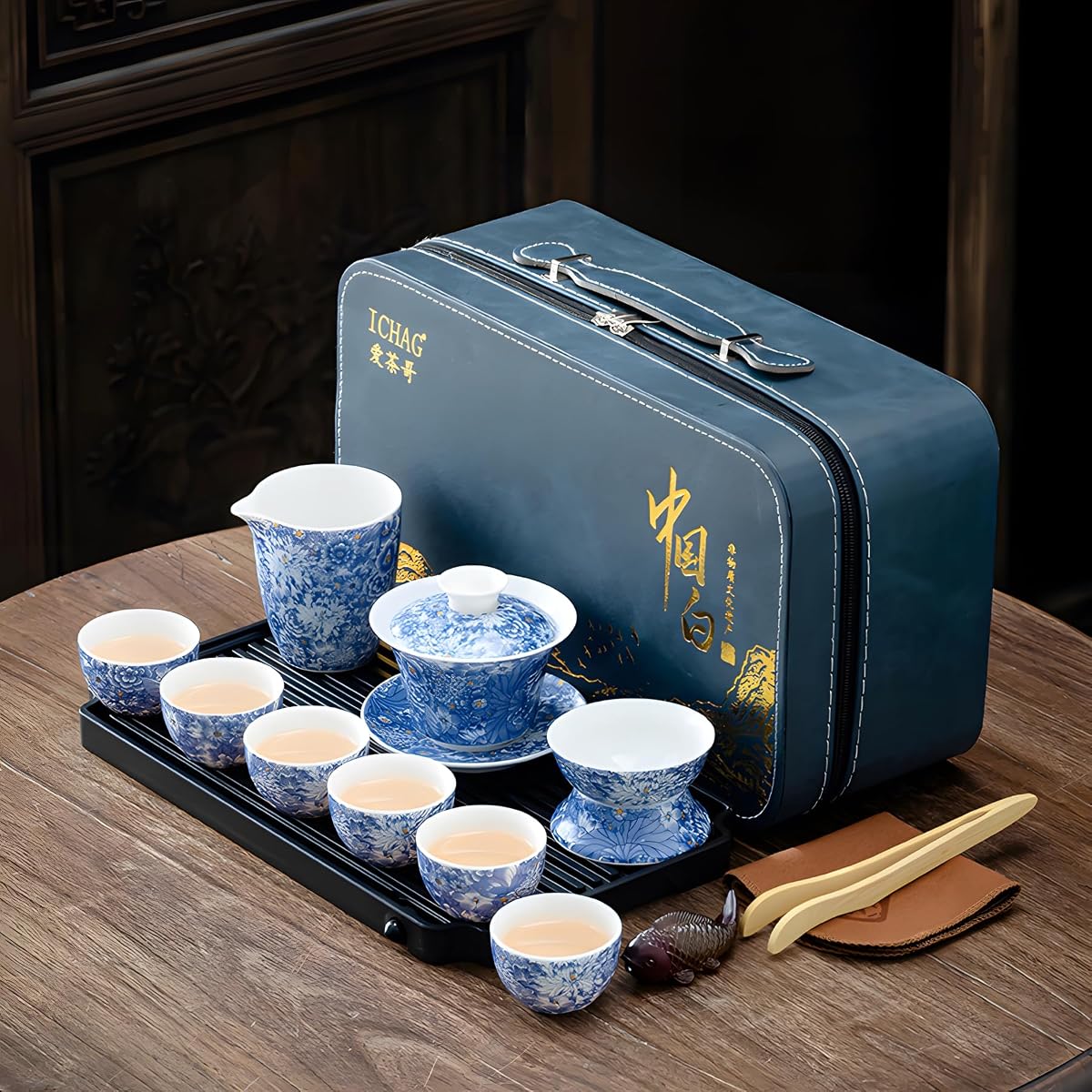 ICHAG gongfu tea set with blue-and-white porcelain and travel case