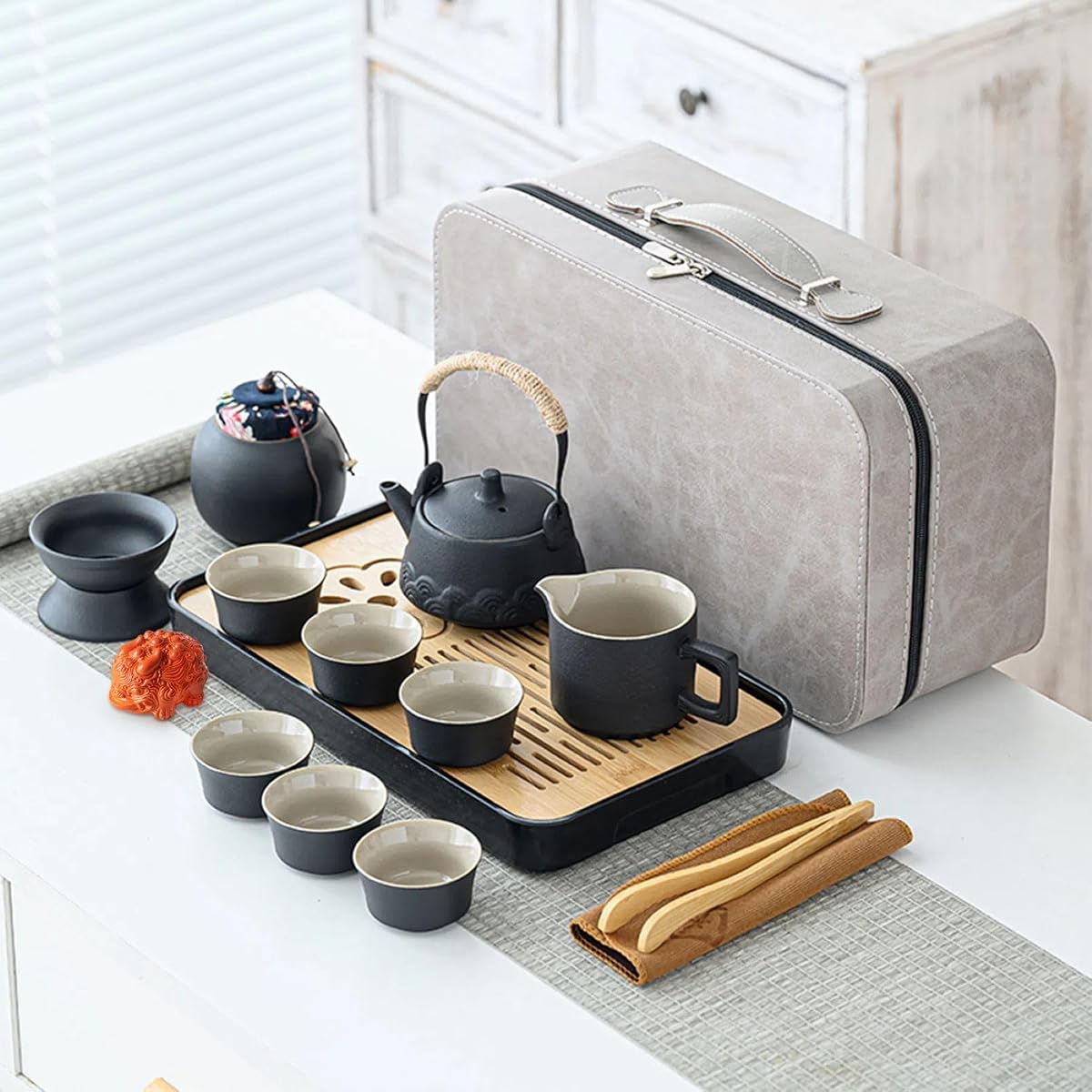 Gray stoneware gongfu tea set with leather case