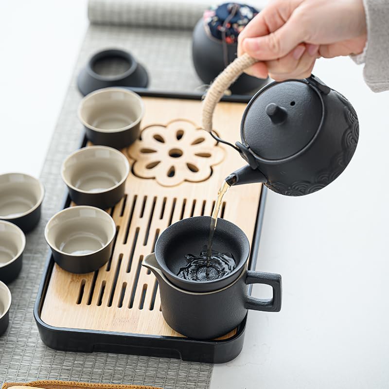 Travel case opened showing the full tea set